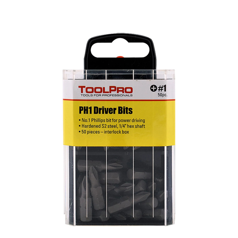 ToolPro Driver Bit with Interlocking Box - 50 Piece - Recess or Bit Size:Phillips #1